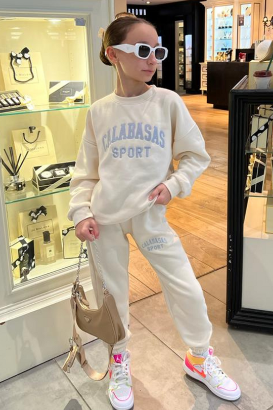 Mini Calabasas ecru embroidered oversized sweater loungewear set