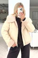 Ellie Cream & Beige Pu Leather Shearling Aviator Jacket Gilet