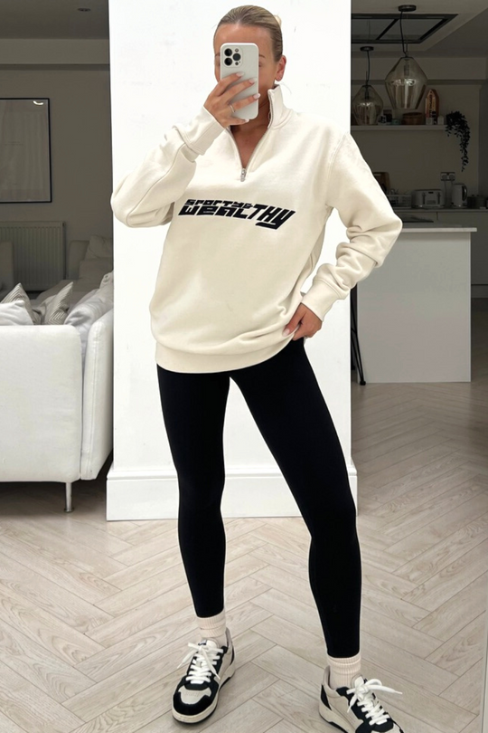 sporty & wealthy ecru embroidered 1/4 zip sweater