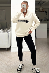 Sporty & Wealthy Ecru Embroidered 1/4 Zip Sweater