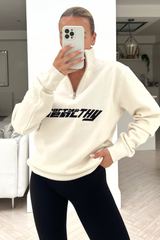 Sporty & Wealthy Ecru Embroidered 1/4 Zip Sweater