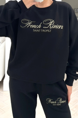 French Riviera Black Embroidered Jogger Sweater Loungewear Set Loungewear