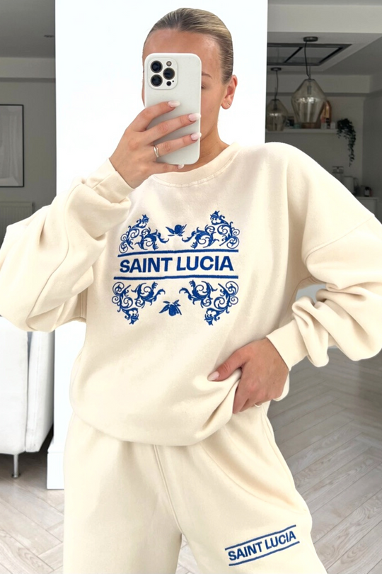 Saint Lucia ecru embroidered jogger sweater loungewear set