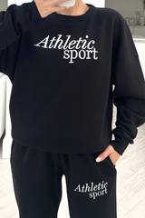 Athletic Sport Black Embroidered Jogger Sweater Loungewear Set Loungewear
