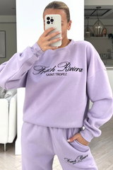 French Riviera Lilac Embroidered Jogger Sweater Loungewear Set Loungewear