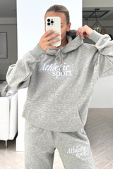Athletics Sport Grey Embroidered Jogger Hooded Loungewear Set Loungewear