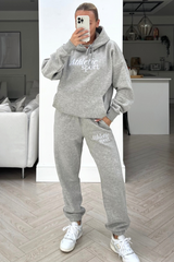 Athletics Sport Grey Embroidered Jogger Hooded Loungewear Set Loungewear