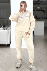 French Riviera Ecru Embroidered Jogger Sweater Loungewear Set Loungewear