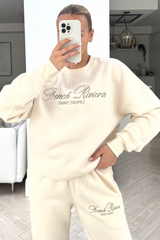 French Riviera Ecru Embroidered Jogger Sweater Loungewear Set Loungewear