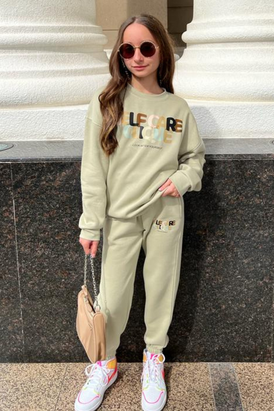 Mini self care clique sage oversized sweater loungewear set