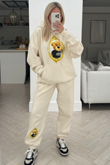 Mirror Teddy Ecru Embroidered Jogger Hooded Loungewear Set Loungewear