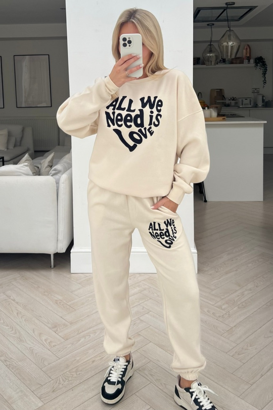 All we need is love ecru embroidered jogger sweater loungewear set