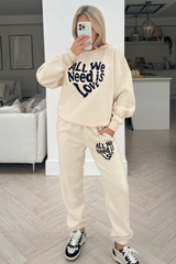 All We Need Is Love Ecru Embroidered Jogger Sweater Loungewear Set Loungewear
