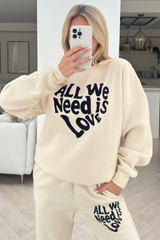All We Need Is Love Ecru Embroidered Jogger Sweater Loungewear Set Loungewear