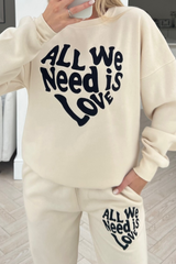 All We Need Is Love Ecru Embroidered Jogger Sweater Loungewear Set Loungewear