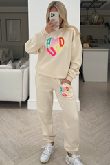 Amour Ecru Embroidered Jogger Sweater Loungewear Set Loungewear
