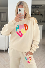 Amour Ecru Embroidered Jogger Sweater Loungewear Set Loungewear