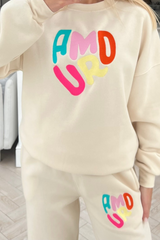 Amour Ecru Embroidered Jogger Sweater Loungewear Set Loungewear