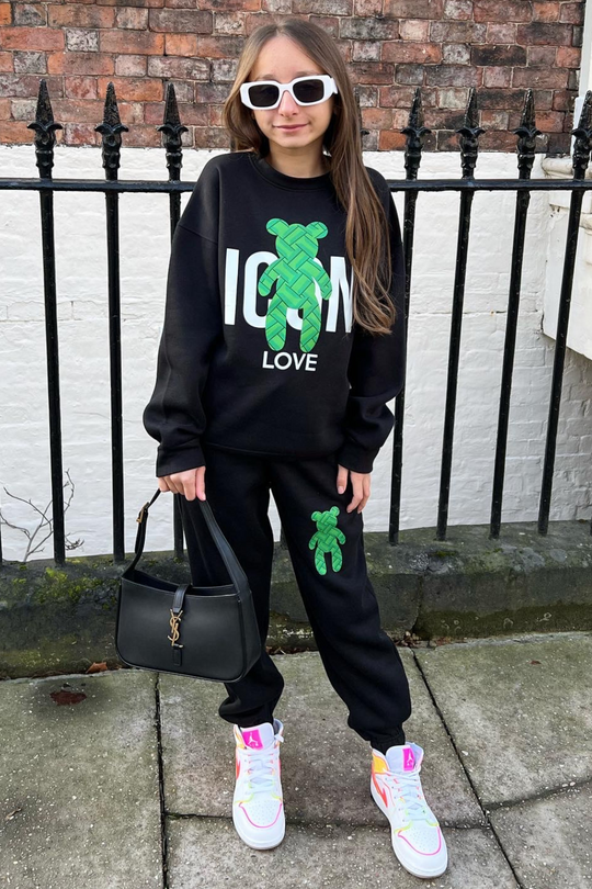 Mini icon teddy black printed sweater loungewear set