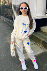 Mini Love Teddy Ecru Printed Sweater Loungewear Set Loungewear