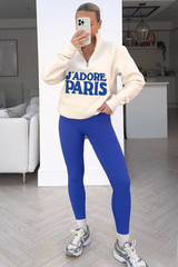 Jadore Paris Blue & Ecru Embroidered 1/4 Zip Sweater Legging Co Ord