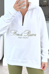 French Riviera White & Sage 1/4 Zip Legging Coord Loungewear