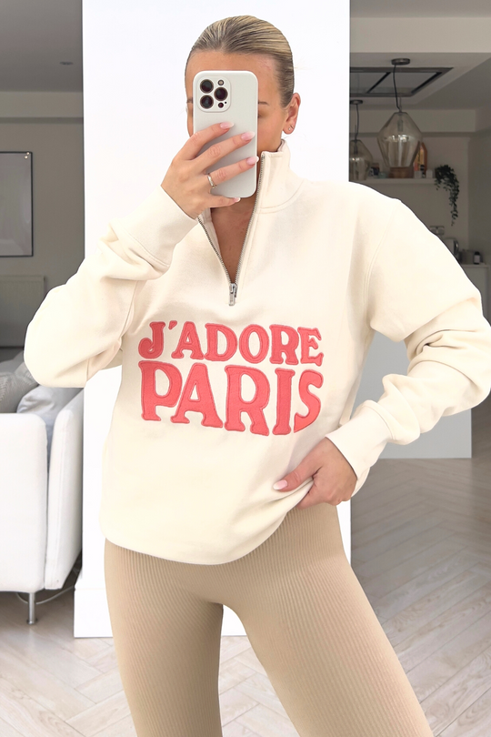 Jadore paris pink & ecru embroidered 1/4 zip sweater
