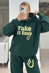 Take It Easy Forest Green Embroidered Hooded Jogger Loungewear Set Loungewear