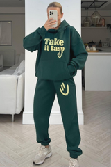 Take It Easy Forest Green Embroidered Hooded Jogger Loungewear Set Loungewear