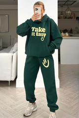 Take It Easy Forest Green Embroidered Hooded Jogger Loungewear Set Loungewear
