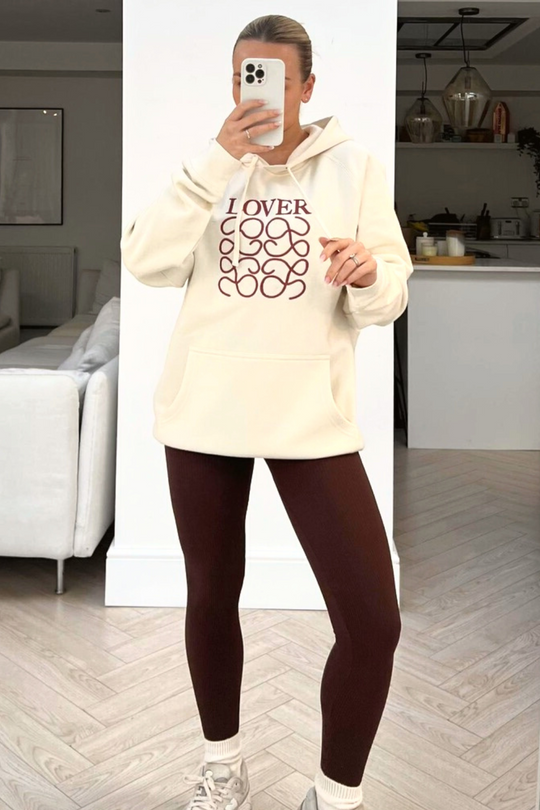 Lover ecru & chocolate embroidered hoodie legging coord
