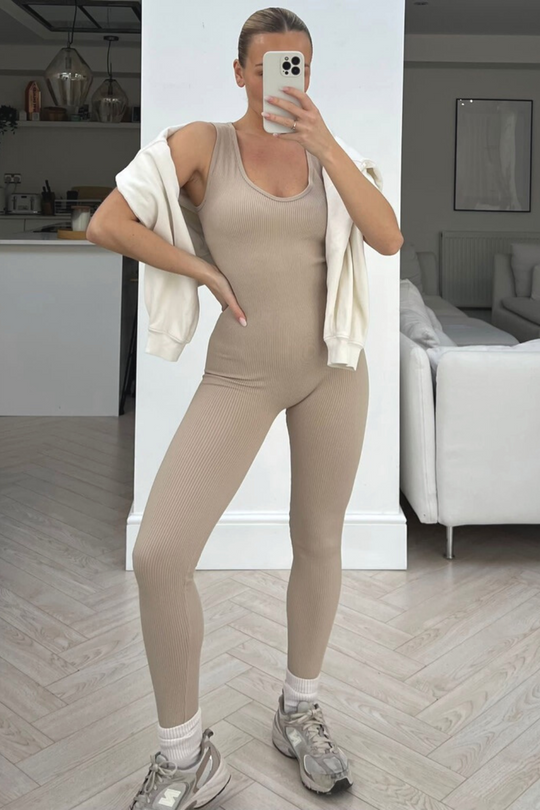 Rennay beige sleeveless bodycon jumpsuit