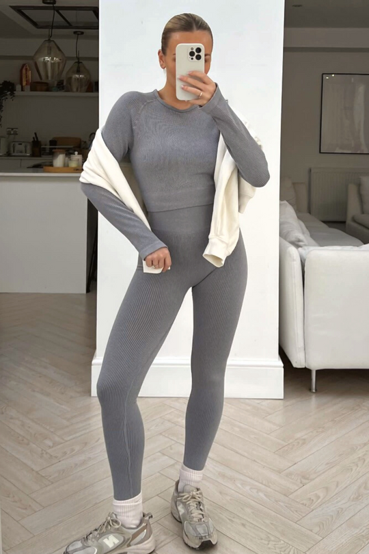 Emmie grey 2 piece ribbed crop activewear set