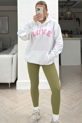 Love White & Pink Printed Drawstring Hoodie Hoodie