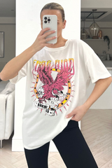 Free Bird White Printed Oversized Tee