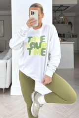 Take Your Time White Printed Sweater Loungewear