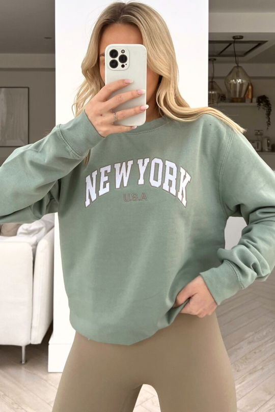 New york sage & white embroidered sweater