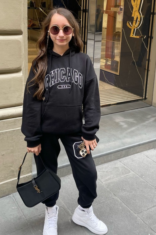 Mini chicago black embroidered hoodie loungewear set