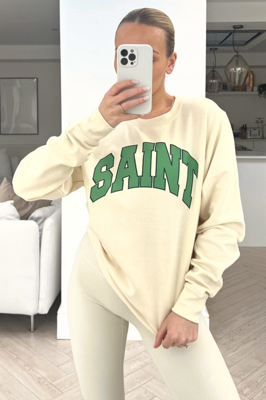 Saint ecru & green printed round neck sweater