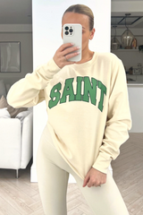 Saint Ecru & Green Printed Round Neck Sweater Loungewear