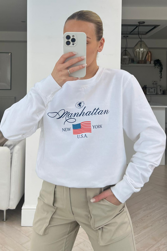 Manhattan white printed round neck sweater