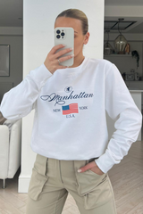 Manhattan White Printed Round Neck Sweater Loungewear