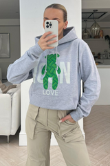 Icon Teddy Grey & Green Printed Draw String Hoodie Hoodie