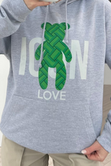 Icon Teddy Grey & Green Printed Draw String Hoodie Hoodie