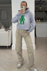 Icon Teddy Grey & Green Printed Draw String Hoodie Hoodie