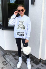 Mini Jadore Paris Teddy Grey Printed Hoodie Tshirt