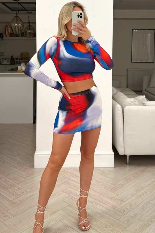 trish long-sleeve ruched skirt coord