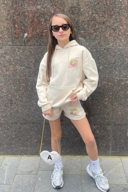 Mini to the moon ecru printed hooded loungewear set