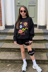 Mini No Evil Black Printed Sweater Short Loungewear Set Loungewear