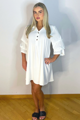 Kimmy White Ruched Sleeve Shirt Dress Dresses